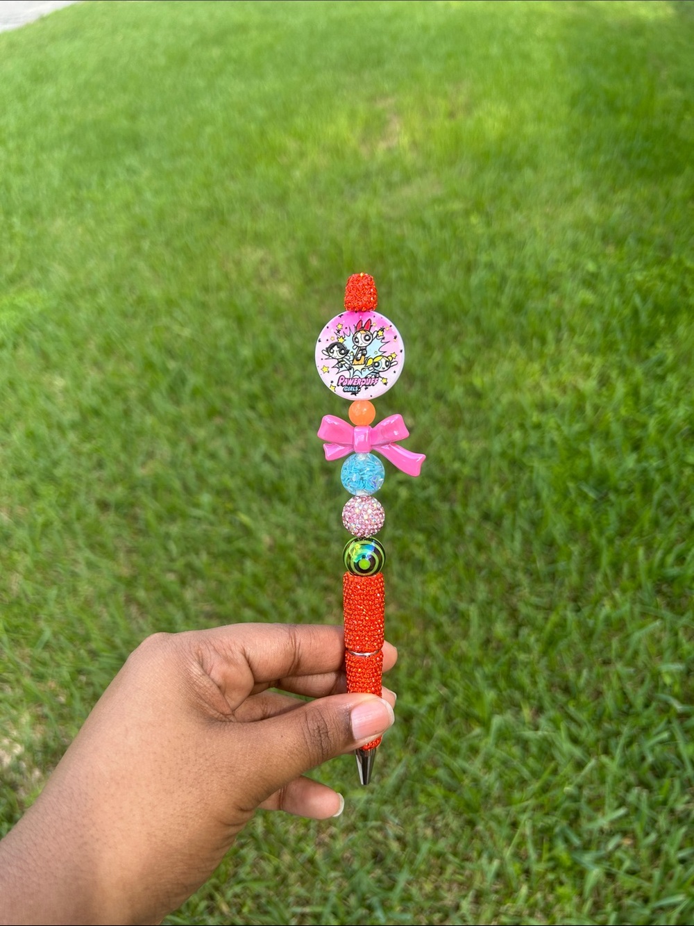 Handmade Bling Powerpuff Girls Inspired Beaded Pen Pink Bow Rhinestone